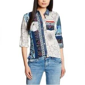 Desigual Mixed Patchwork Button Down Shirt Size Small Artsy Bohemian Western